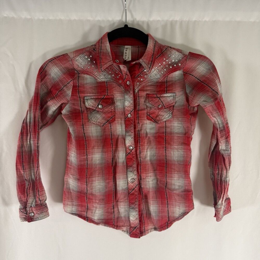 Roper Western Pearl Snap Shirt Girls Small Embellished Red Metallic Plaid Long S - Picture 1 of 7
